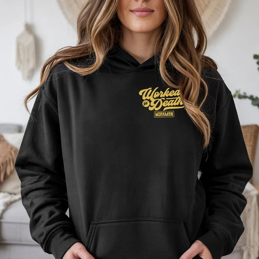 Worked To Death Hoodie | Retro Typographic Graphic | Cotton-Blend Premium Quality | Funny Construction Worker Gift for Laborers