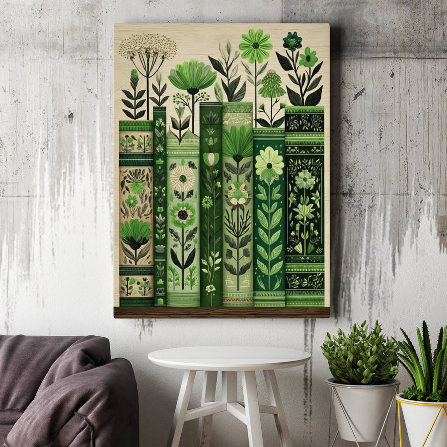 Botanical Bookshelf Canvas Wall Art | Green Floral Book Spine Illustration | Premium Gallery Print | Gift for Book Lover, Library Decor