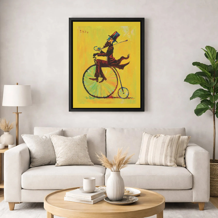 Penny Farthing Bicycle Wall Art | Whimsical Victorian Gentleman Portrait | Gallery Quality Canvas Print | Unique Office Decor Gift