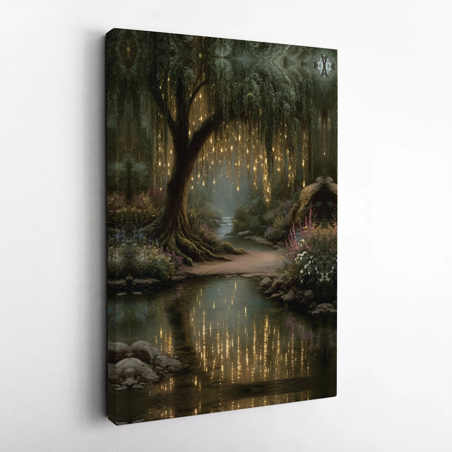 Enchanted Forest Canvas Wall Art | Magical Willow Tree with Fairy Lights | Premium Fade-Resistant Print | Whimsical Home Decor Gift