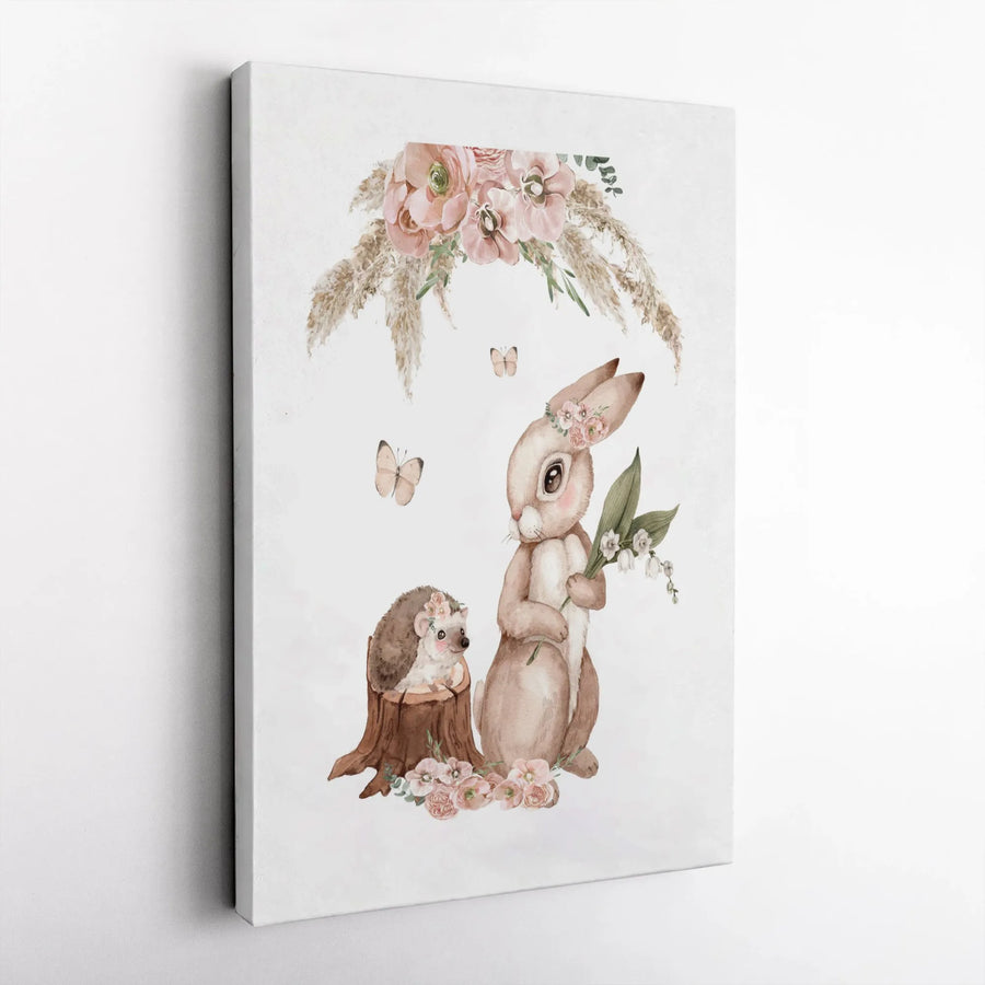 Watercolor Rabbit and Hedgehog Canvas | Floral Woodland Nursery Wall Art | 1.25 Inch Premium Gallery Wrap | Cute Animal Gift for Baby Room