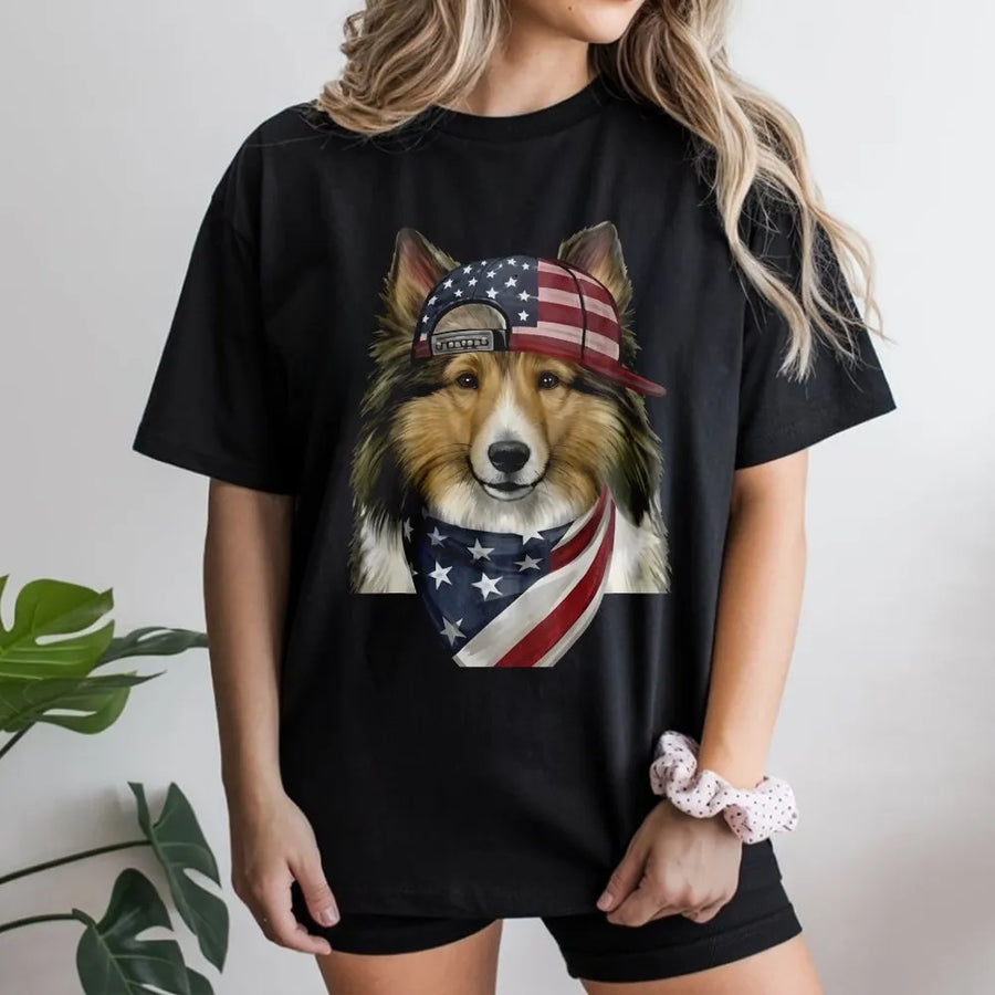 Patriotic Dog T-Shirt | Herding Dog with American Flag Bandana | Premium Graphic Sweatshirt | 4th of July Gift for Dog Lover