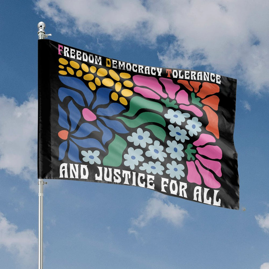 Freedom Democracy Justice House Flag | Retro Floral Peace Banner | UV-Resistant Premium Polyester | Patriotic Home Decor for Social Activists