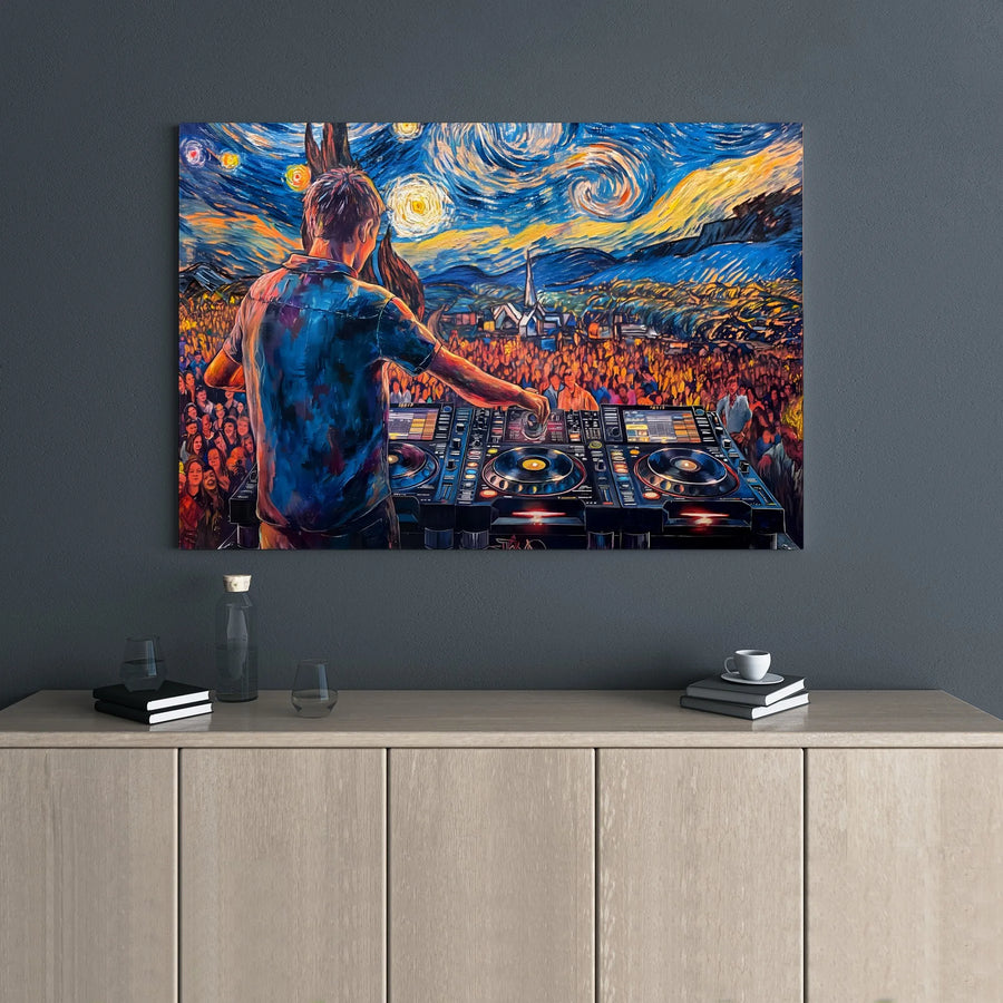 DJ Music Festival Canvas Wall Art | Starry Night Impressionist Style Print | 1.25" Gallery Wrap | Premium Decor Gift for Music Lovers