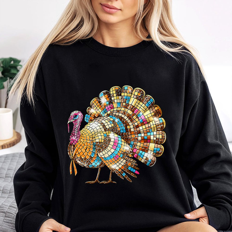 Thanksgiving Turkey Sweatshirt | Disco Ball Mosaic Graphic Design | Premium Cotton-Poly Blend | Cute Holiday Gift for Her