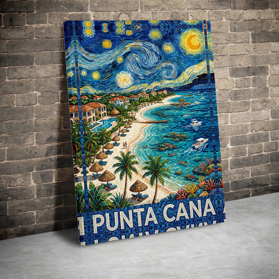 Punta Cana Canvas Wall Art | Starry Night Style Mosaic Art | Premium Canvas Print | Tropical Home Decor Souvenir Gift