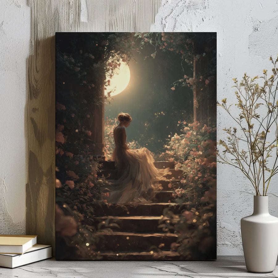 Enchanted Moonlit Garden Canvas Art | Ethereal Woman In Gown Illustration | Premium Gallery Wrap Wall Decor | Dreamy Fantasy Bedroom Wall Art Gift