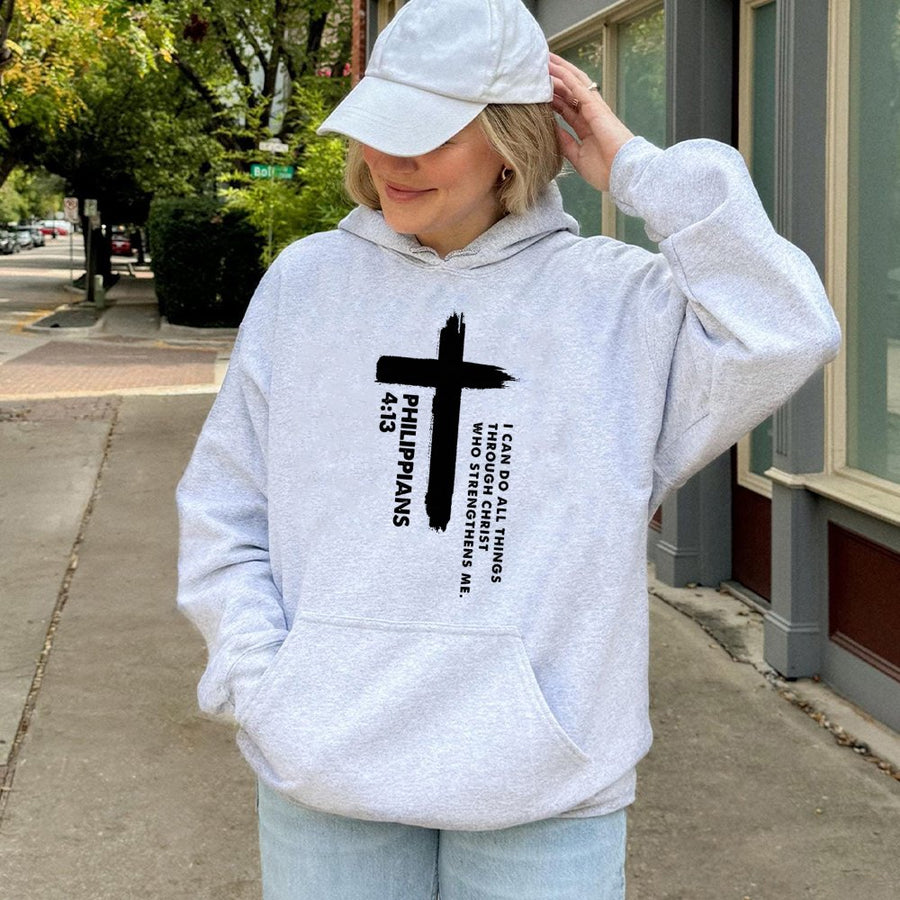 Philippians 4:13 Hoodie | I Can Do All Things Through Christ Cross Graphic | Premium Cotton Blend | Inspirational Christian Gift for Believers