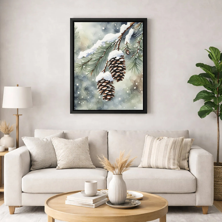 Snowy Pine Cones Canvas Print | Winter Watercolor Forest Art | Premium Fade-Resistant Gallery Wrap | Seasonal Christmas Home Decor Gift