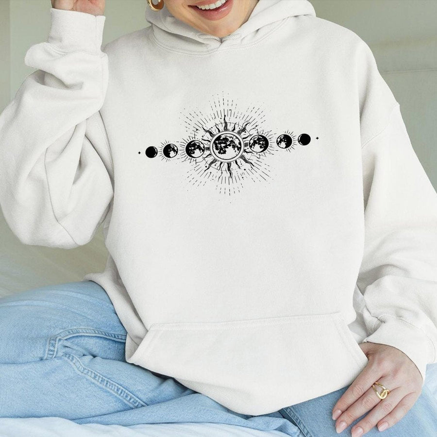 Celestial Moon Phase Hoodie | Mystical Sun and Moon Graphic Print | Premium Cotton Blend | Boho Aesthetic Gift for Her