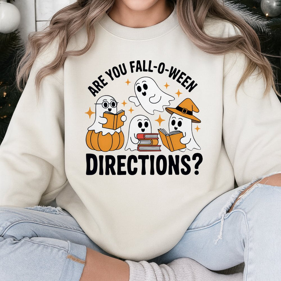 Fall-O-Ween Ghost Sweatshirt | Cute Reading Ghosts Graphic | Soft Cotton Blend Crewneck | Halloween Teacher Gift for Book Lovers