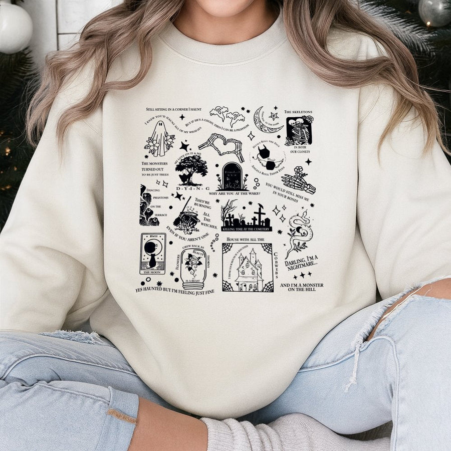 Spooky Aesthetic Graphic Sweatshirt | Haunted House Halloween Lyrics Design | Soft Cotton Blend Unisex Pullover | Alternative Indie Ghost Gift