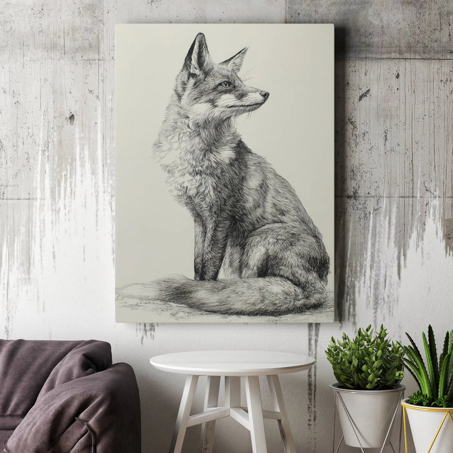 Seated Fox Canvas Wall Art | Detailed Woodland Animal Sketch | Premium Gallery Wrapped Print | Rustic Nature Home Decor Gift