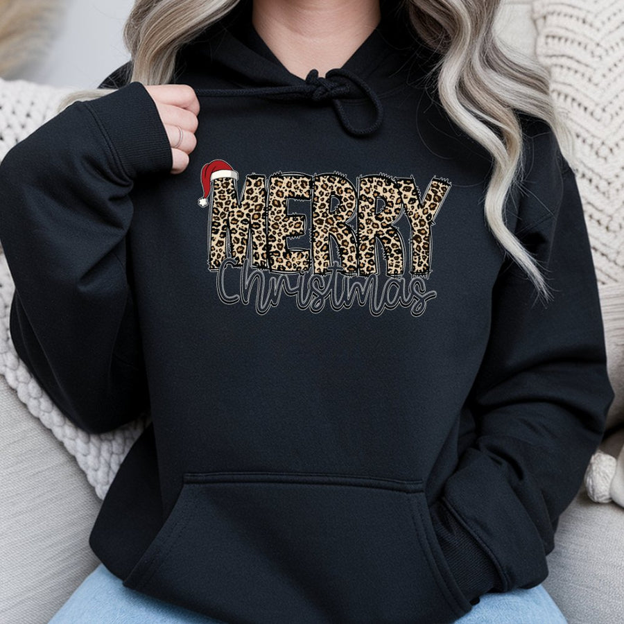 Merry Christmas Hoodie | Leopard Print Santa Hat Design | Soft Cotton-Polyester Blend | Cozy Holiday Gift for Women