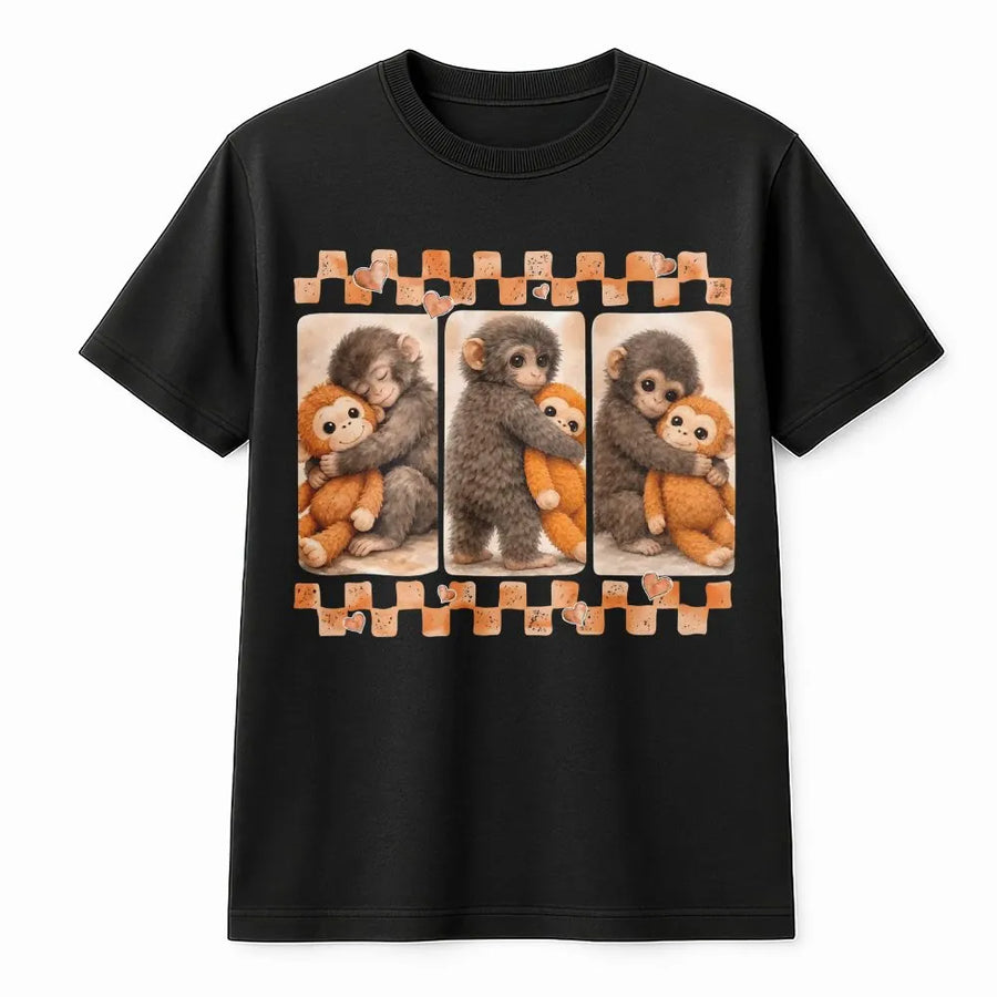 Cute Monkey Hugging Plushie T-Shirt | Viral Animal Meme Graphic Tee | Premium Soft Cotton Gift | Trendy Unisex Streetwear for Animal Lovers
