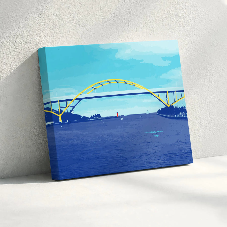 Milwaukee Hoan Bridge Horizontal Canvas Wall Art | Retro Yellow Arch Graphic Art Print | Premium 1.25” Gallery Wrap | Wisconsin Travel Decor Gift