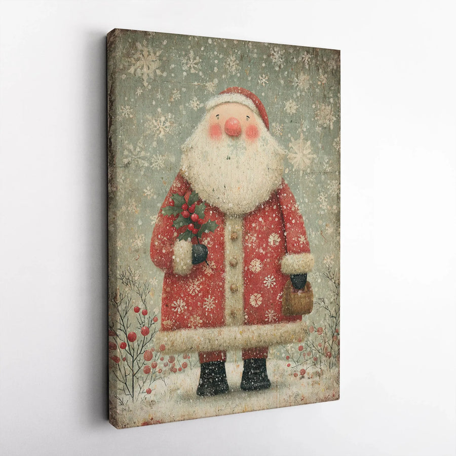 Vintage Santa Claus Wall Art | Whimsical Holiday Holly Canvas Print | Premium Gallery Wrap Decor | Ready to Hang Christmas Gift for Home
