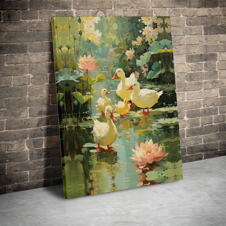 Duck Family Canvas Wall Art | Impressionist Pond Landscape with Lilies | Premium Fade-Resistant Gallery Print | Whimsical Nursery or Living Room Decor