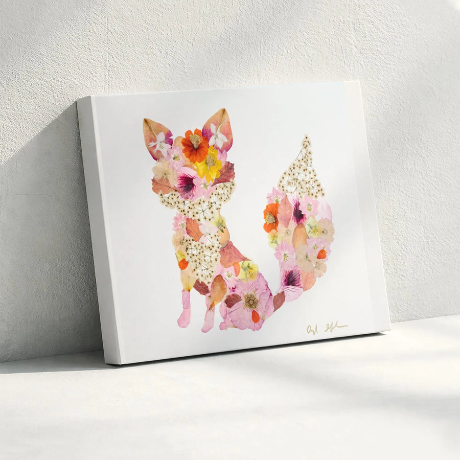 Pressed Flower Fox Canvas Art | Botanical Animal Silhouette Print | Premium Gallery Wrapped Wall Decor | Unique Gift for Nature Lover
