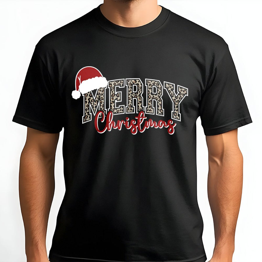 Merry Christmas Leopard Print T-Shirt | Santa Hat Graphic Holiday Design | 100% Soft Cotton Tee | Festive Gift for Women and Families