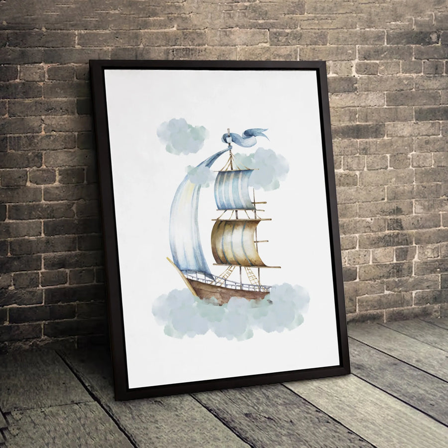 Watercolor Flying Ship Canvas Print | Dreamy Nautical Cloud Wall Art | Premium 1.25" Gallery Wrap | Whimsical Nursery or Office Decor