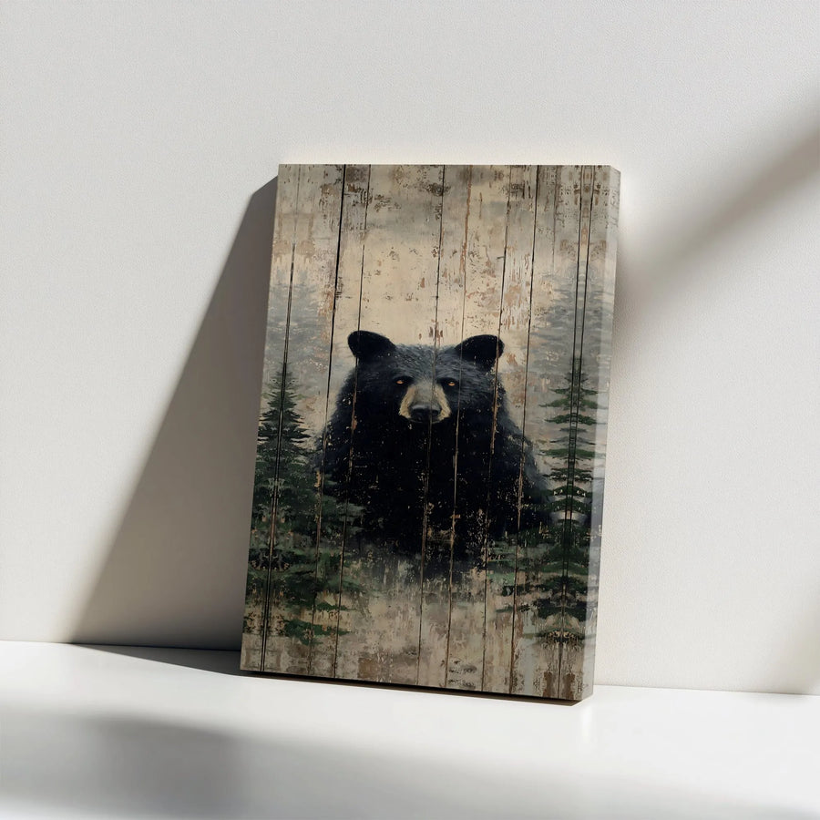 Rustic Black Bear Canvas Print | Forest Scene on Vintage Wood Panel | Premium Gallery Wall Art | Cabin & Lodge Decor Gift