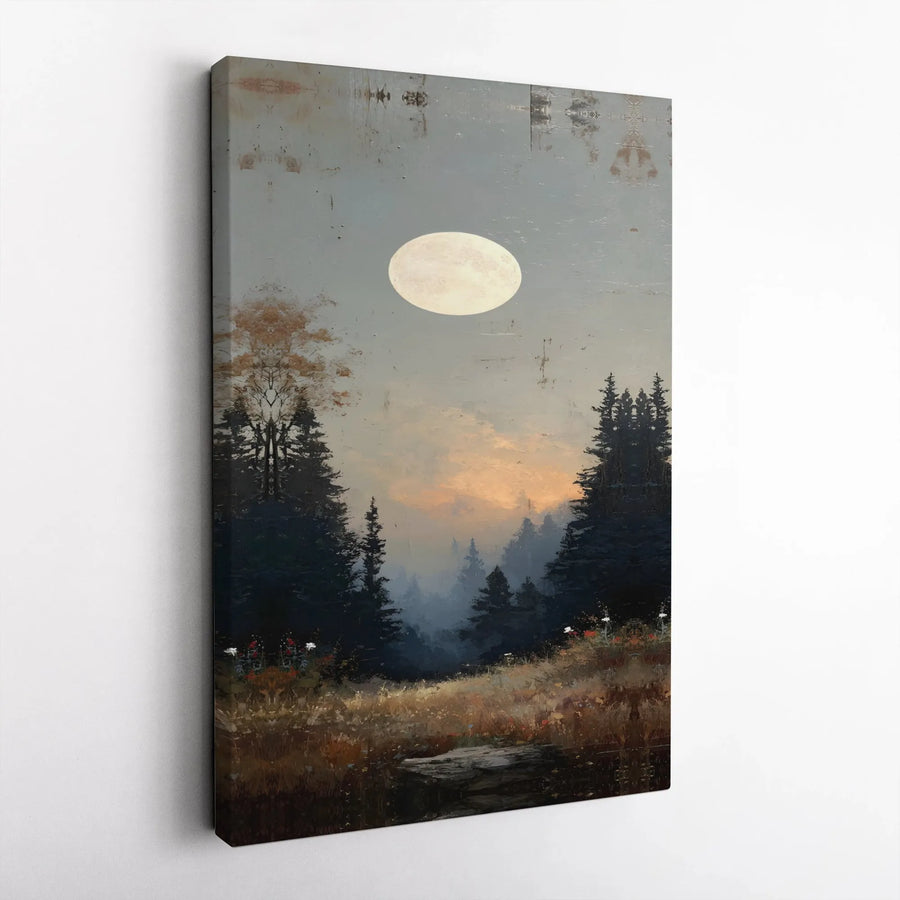 Misty Forest Landscape Canvas | Full Moon Forest Meadow Wall Art | Gallery Wrapped Premium Print | Nature Inspired Home Decor Gift