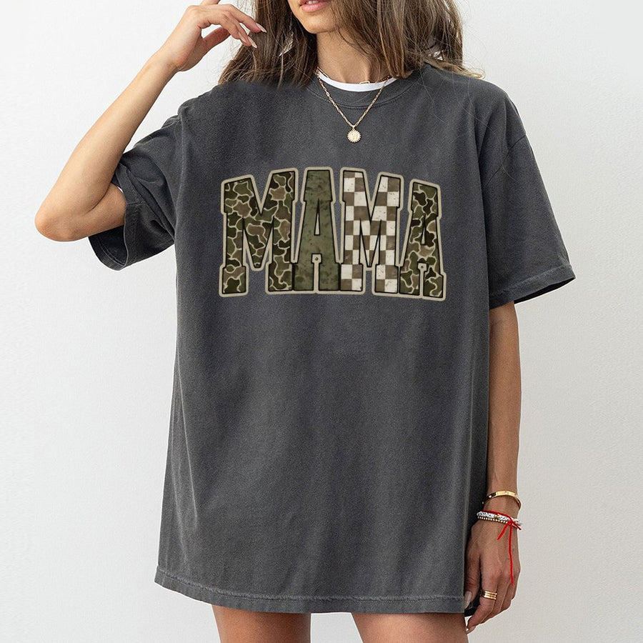Mama Camo T-Shirt | Distressed Varsity Western Print | 100% Cotton Premium Tee | Hunting Mom Gift Idea