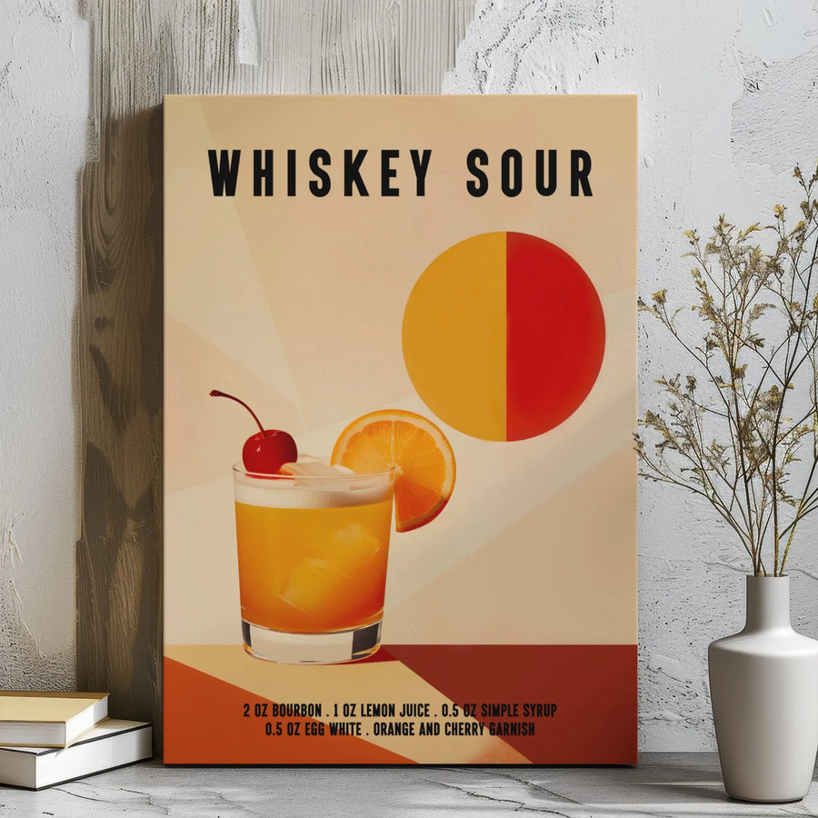 Whiskey Sour Recipe Wall Art | Retro Cocktail Poster Print | Premium Gallery Wrapped Canvas | Bar Decor & Home Mixology Gift