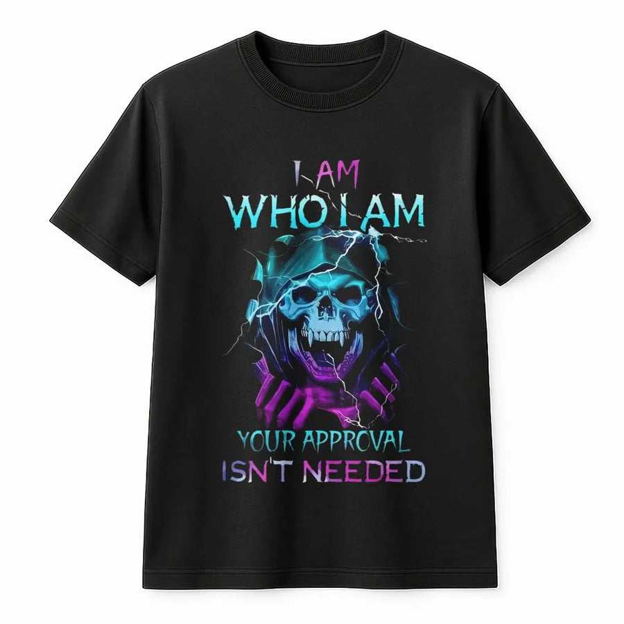 I Am Who I Am Skull T-Shirt | Edgy Neon Lightning Graphic | Premium Soft Cotton Tee | Empowering Sarcastic Gift for Men and Women