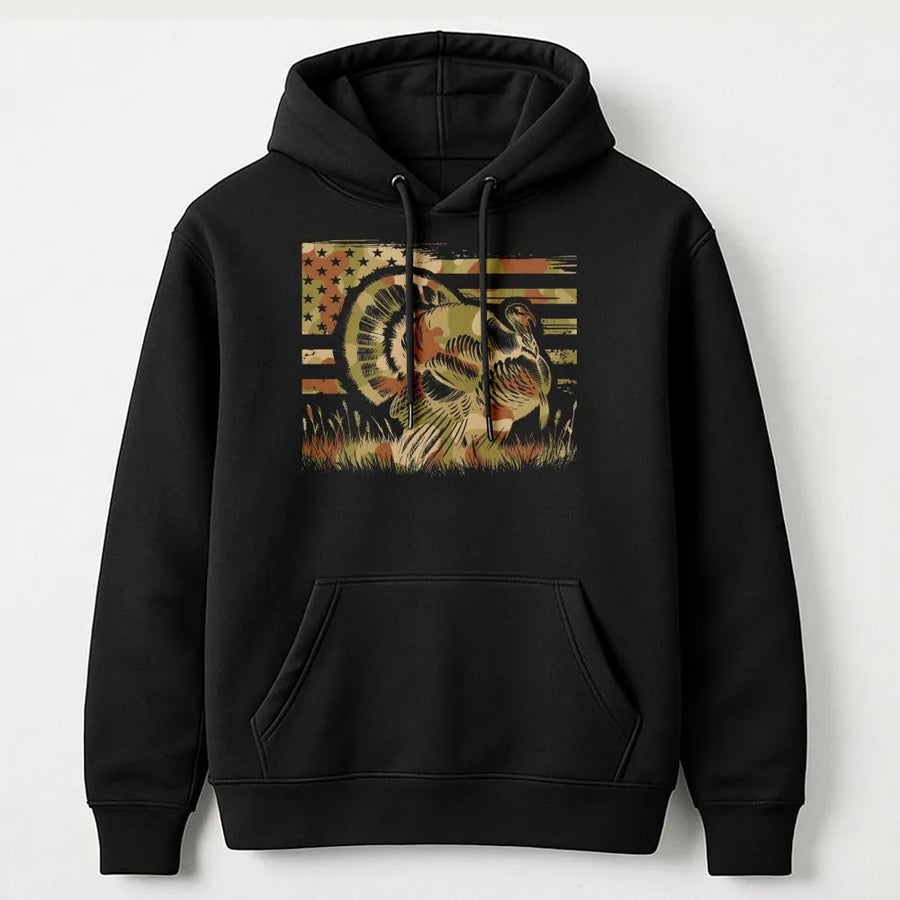 Turkey Hunting Hoodie | American Flag Camo Graphic Print | Premium Cotton-Blend Sweatshirt | Patriotic Gift for Hunters and Outdoorsmen