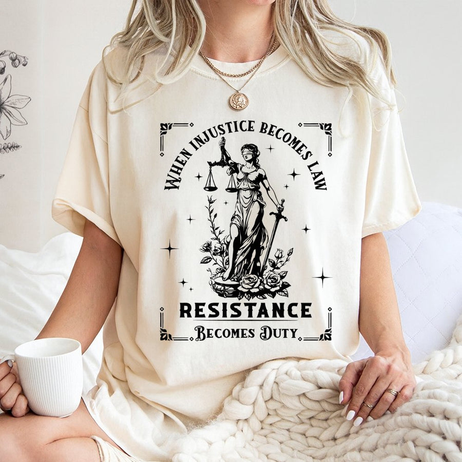 Injustice Becomes Law T-Shirt | Lady Justice Illustration Design | Premium 100% Cotton Tee | Empowering Protest Gift For Activists