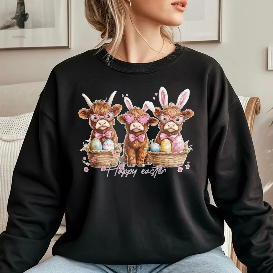 Easter Highland Cow Sweatshirt | Cute Bunny Ears Farm Animal Graphic | Premium Cotton Blend | Unisex Holiday Gift for Her
