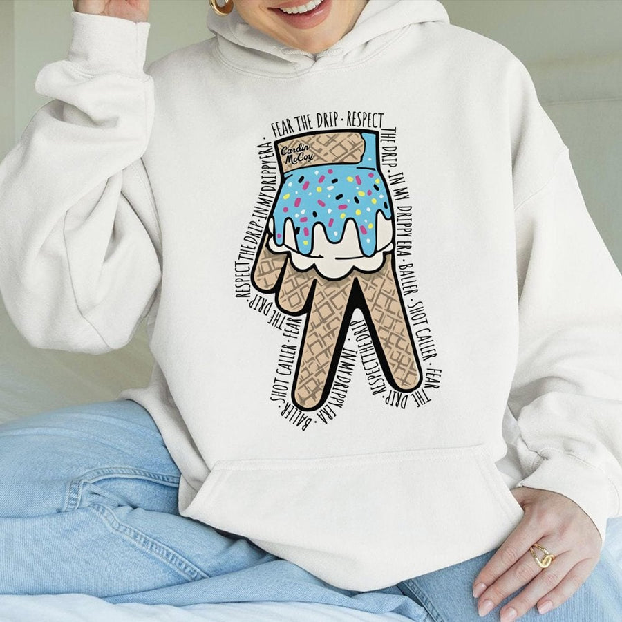 Drippy Baseball Glove Hoodie | Ice Cream Waffle Pattern Design | Premium Cotton-Poly Blend | Streetwear Gift for Athletes and Ballers