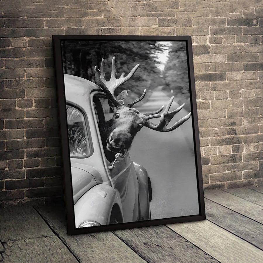 Moose In Car Canvas Art | Funny Wildlife Animal Portrait | Premium Gallery-Wrapped Print | Whimsical Home Decor Gift