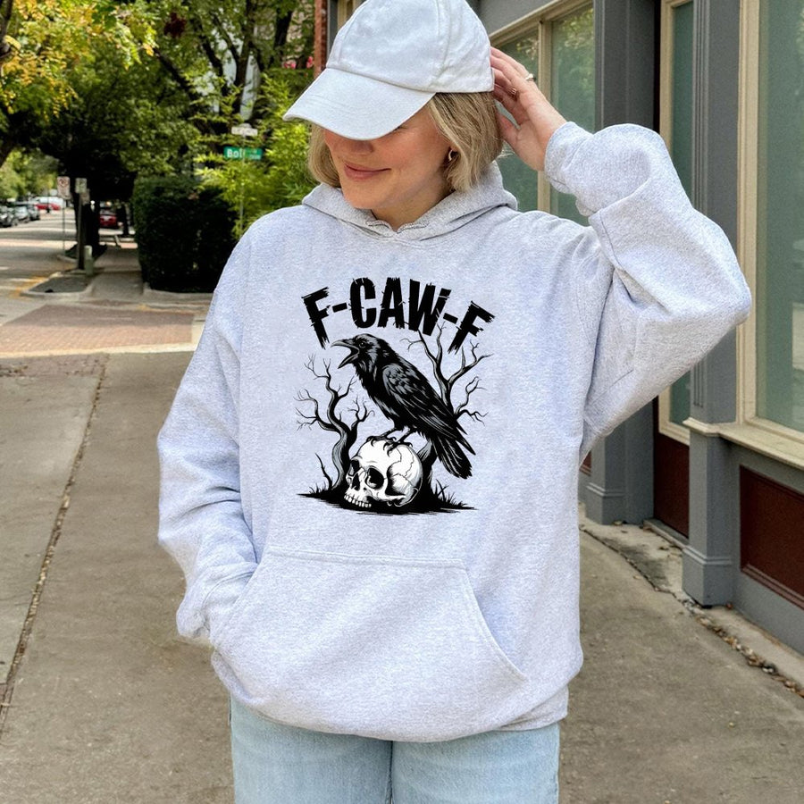 F-Caw-F Crow Hoodie | Gothic Skull and Raven Graphic | Cotton-Poly Blend Premium Sweatshirt | Funny Bird Lover Gift for Men and Women