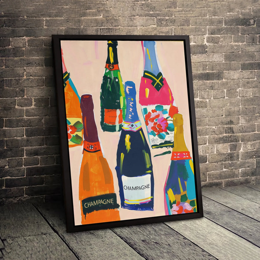 Champagne Bottles Wall Art | Colorful Abstract Kitchen Decor | Premium Fade-Resistant Canvas | Modern Bar Cart Gallery Print