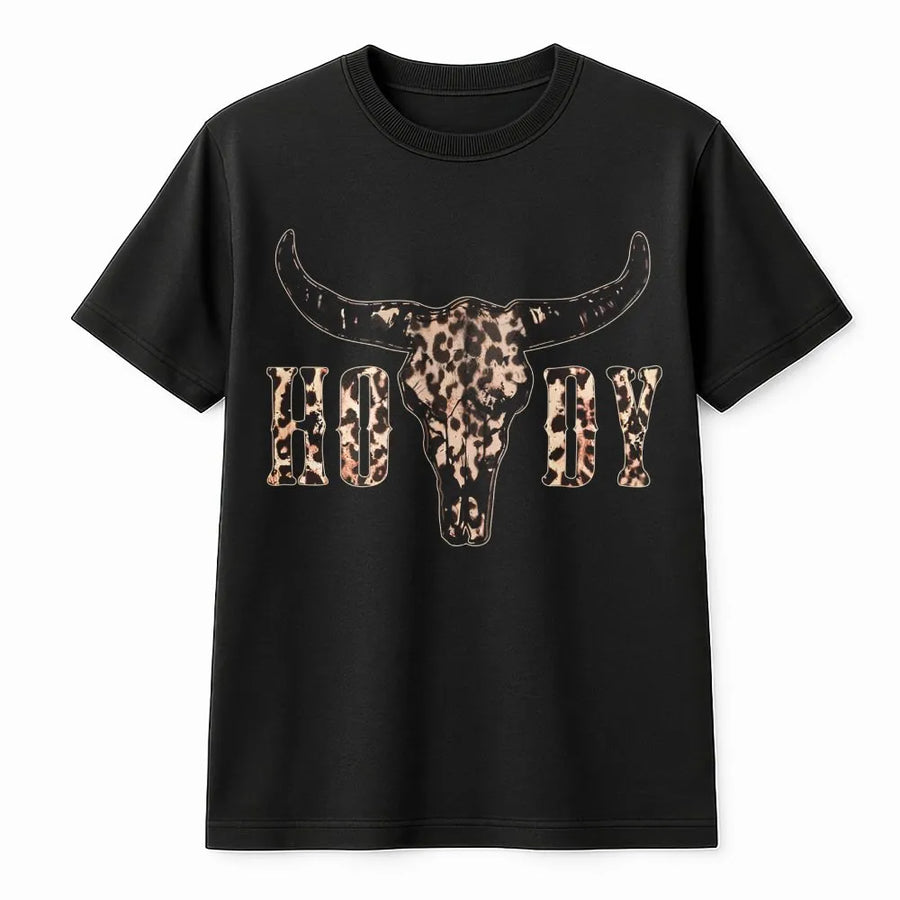 Howdy Western Graphic T-Shirt | Leopard Print Cow Skull Design | Premium Soft Cotton | Country Music Gift for Women