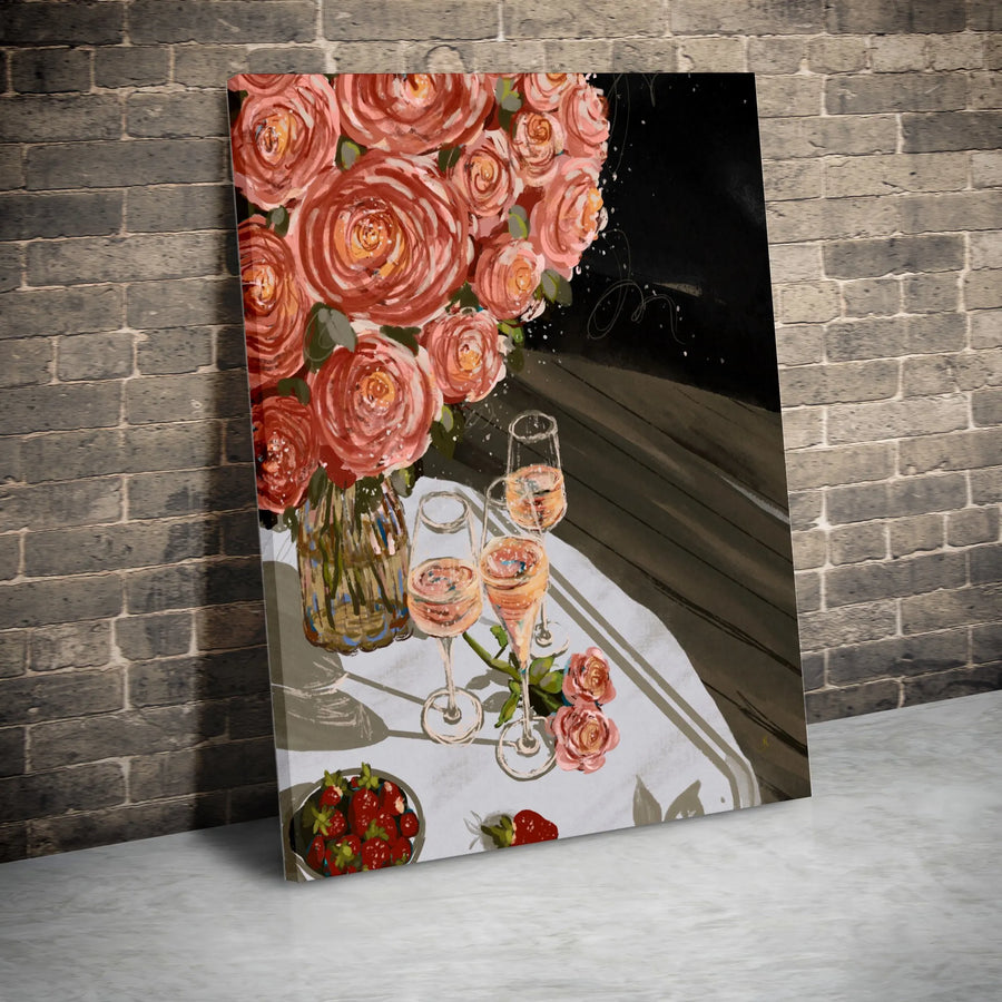 Roses and Champagne Canvas Wall Art | Romantic Floral Still Life Painting | Premium Thick Framed Canvas | Dining Room Decor & Anniversary Gift