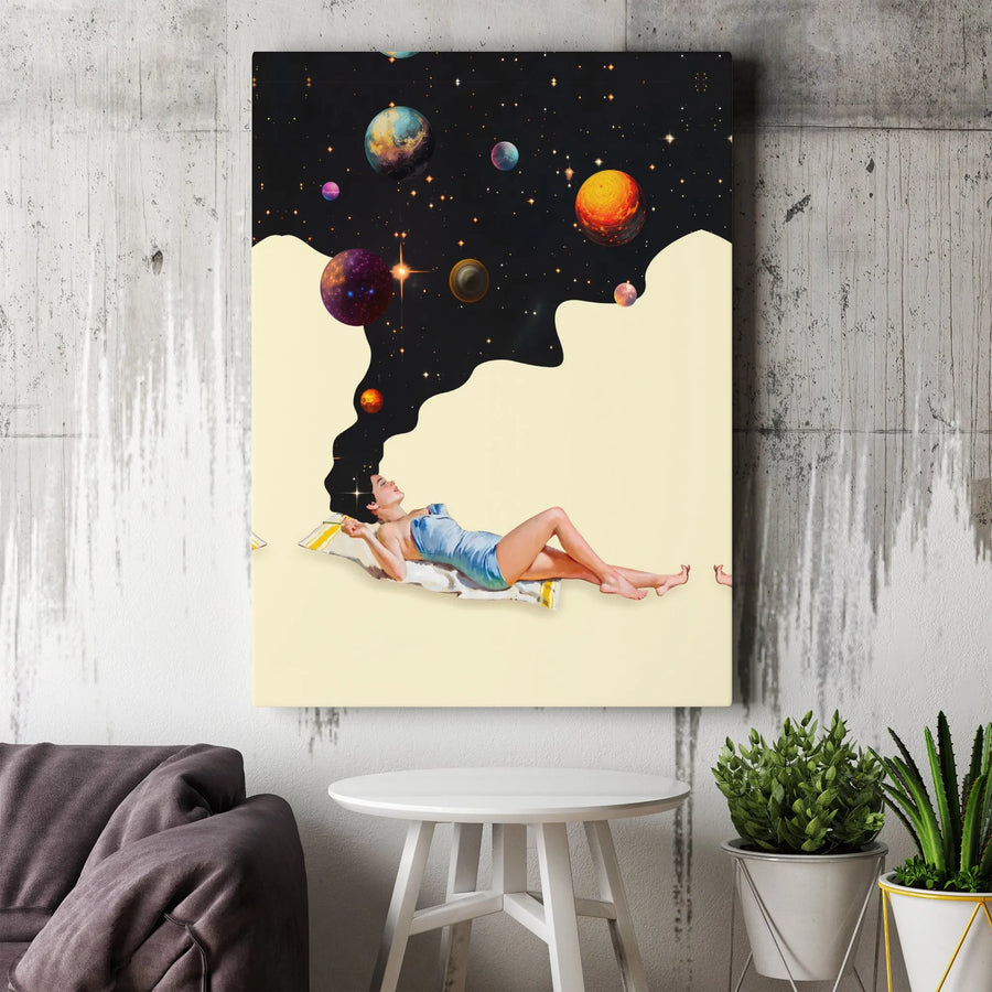 Surreal Space Woman Wall Art | Cosmic Hair Planet Collage Print | 1.25-Inch Premium Gallery Canvas | Modern Dreamy Aesthetic Home Decor