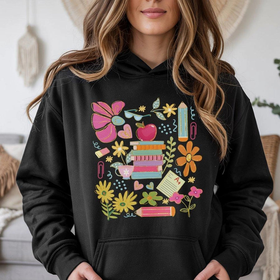Boho Teacher Hoodie | Aesthetic Floral School Supplies Print | Premium Cotton Blend Sweatshirt | Cute Appreciation Gift for Educators