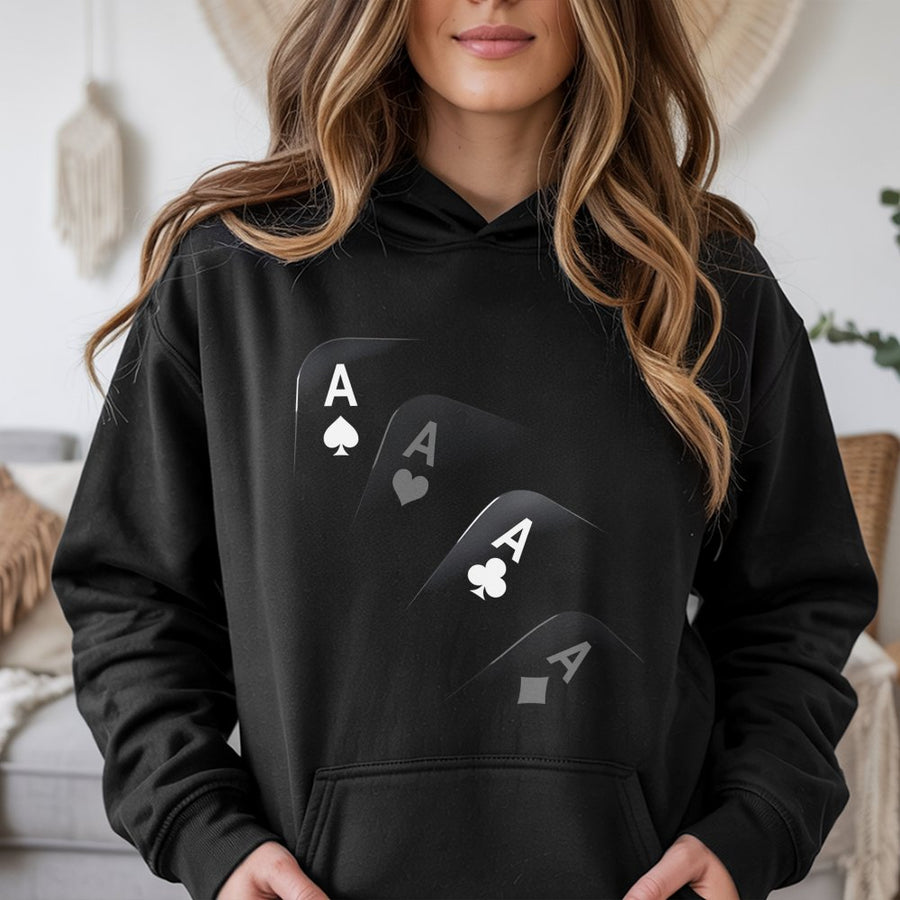 Four Aces Poker Hoodie | Casino Gambling Graphic Design | Premium Cotton Blend | Gift For Card Players And Gamblers