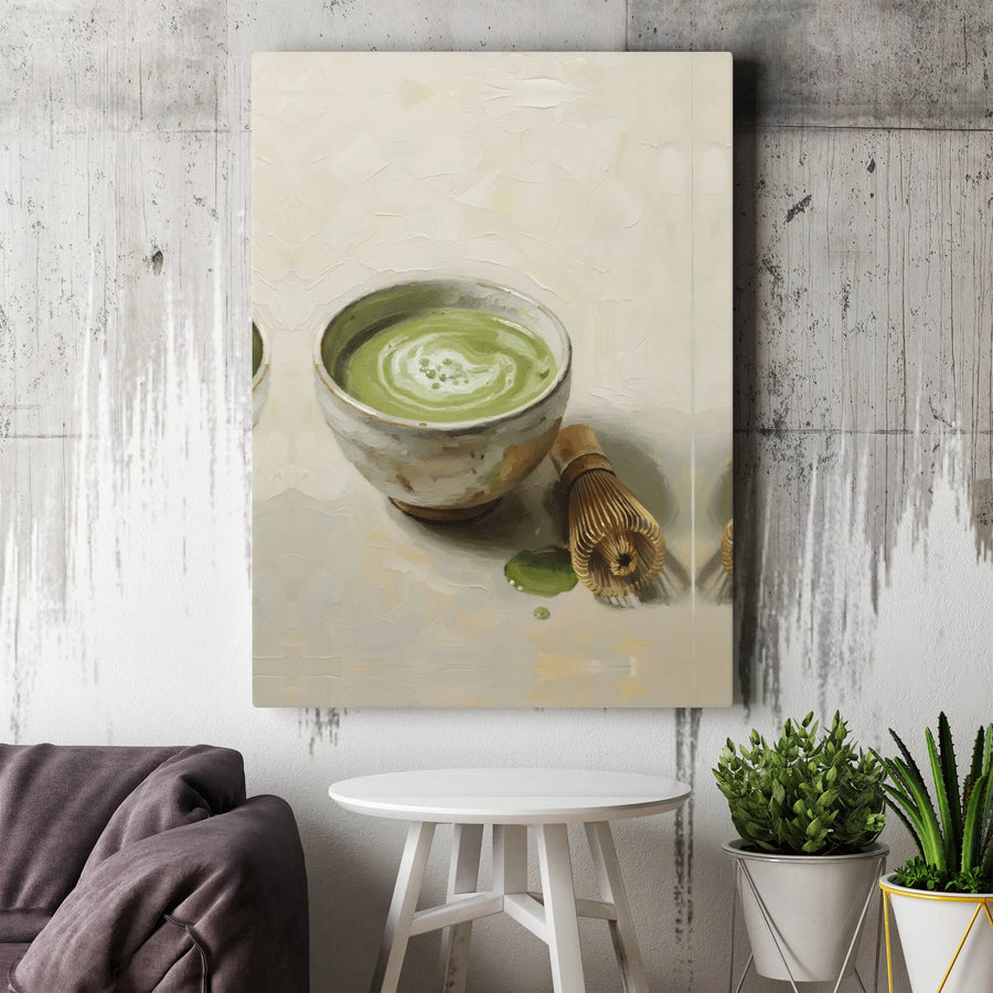 Matcha Tea Canvas Wall Art | Zen Still Life with Bowl and Whisk | Premium Gallery Quality Print | Kitchen Decor Gift for Tea Lovers