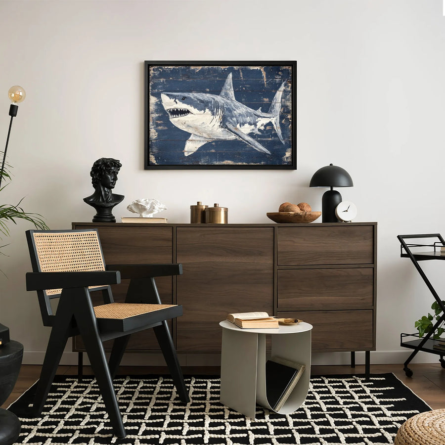 Great White Shark Wall Art | Rustic Nautical Coastal Decor | Premium Gallery Wrap Canvas | Ocean Animal Lover Gift