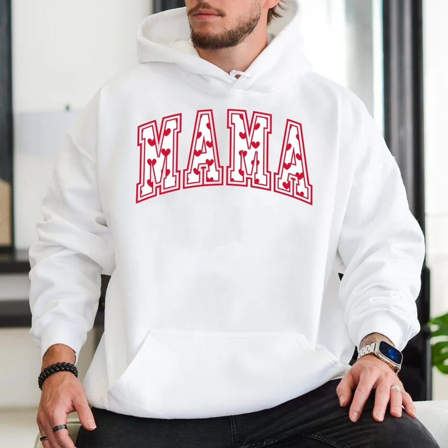 Mama Hoodie Heart Pattern | Varsity Letter Graphic Print | Cotton-Poly Premium Blend | Valentine's Day Gift for Mom