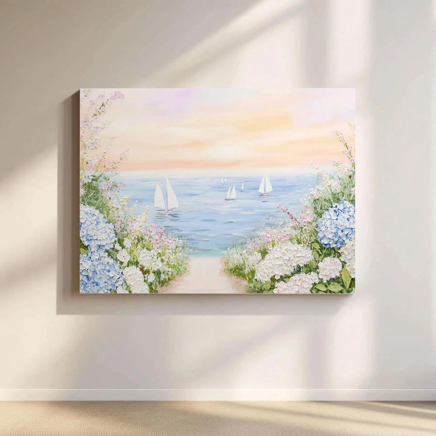 Coastal Sailboat Canvas Wall Art | Hydrangea Flower Seascape Painting | Premium Gallery Wrapped Print | Relaxing Nautical Home Decor Gift