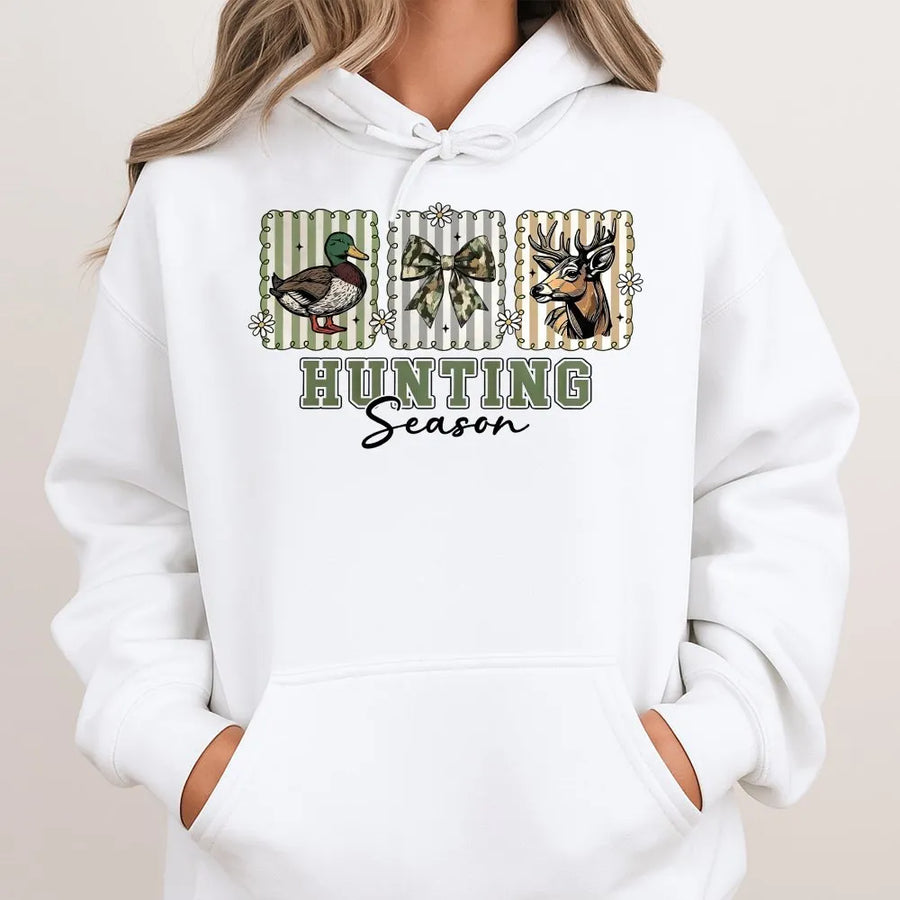 Hunting Season Hoodie | Preppy Camo Bow Deer And Duck Graphic | Premium Cotton Blend | Gift For Women Who Hunt