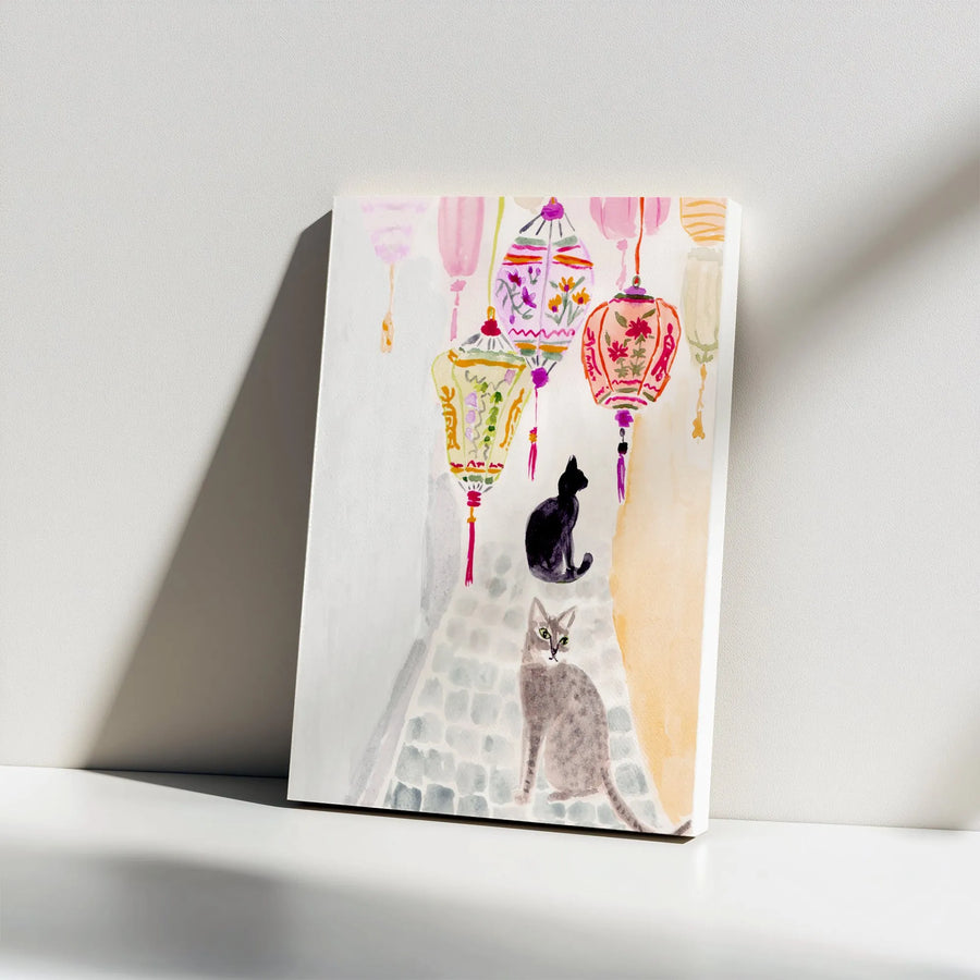 Chinatown Cats Canvas Art | Watercolor Kitties & Lanterns Painting | Premium 1.25" Thick Gallery Wrap | Unique Wall Decor Gift for Cat Lovers
