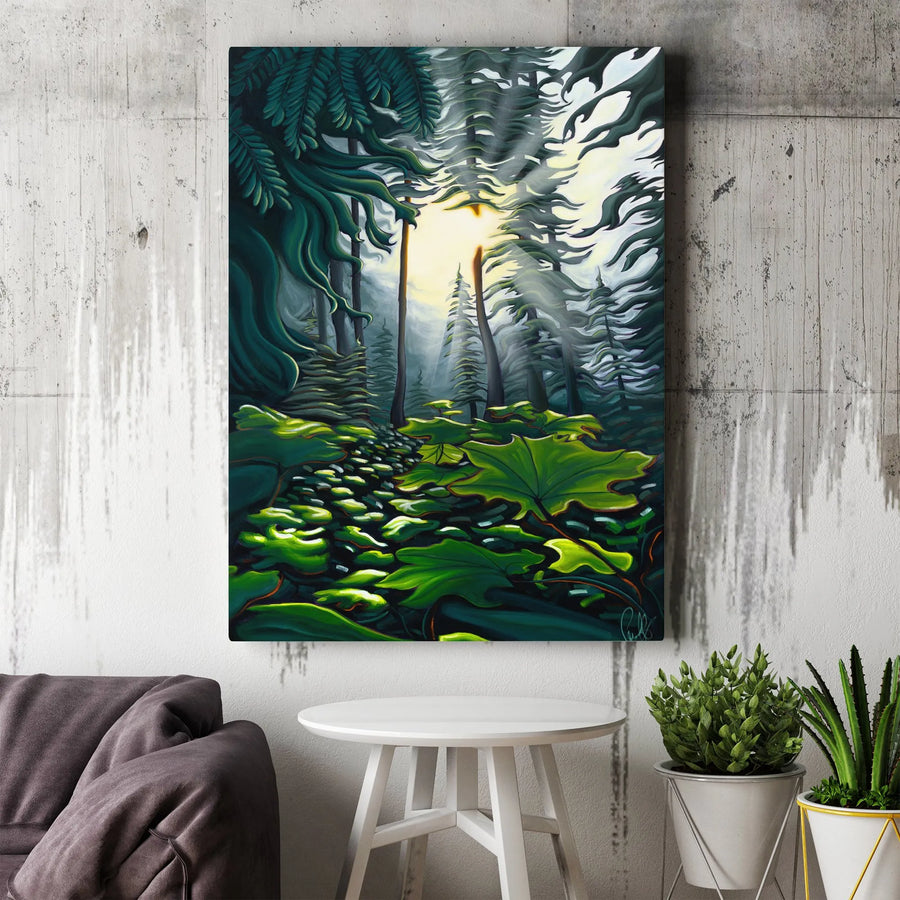 Enchanted Forest Canvas Print | Sunbeam Through Tall Trees Painting | Premium Gallery Quality Canvas | Nature Themed Wall Decor Gift