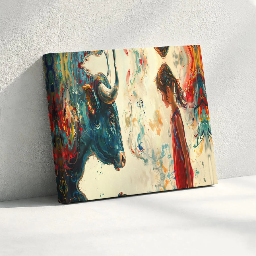 Colorful Bull and Girl Canvas Print | Abstract Surreal Wall Art | Gallery Quality Premium Canvas | Unique Home Decor Gift for Art Lovers